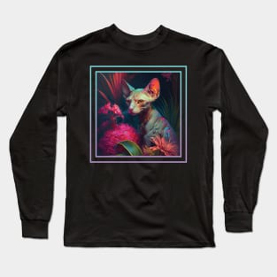 Wrinkled Sphynx Cat Vibrant Tropical Flower Digital Oil Painting Portrait Long Sleeve T-Shirt